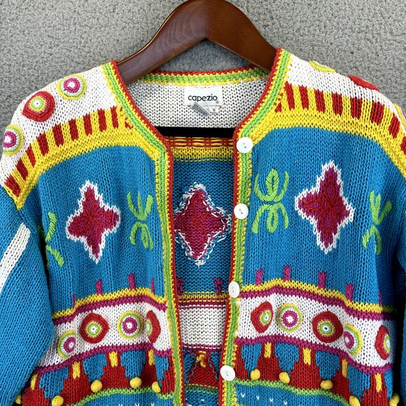 VTG 90s Caridgan Womens Small Artsy Twee Retro Funky Colorful Crop Knit Rainbow - Picture 2 of 12